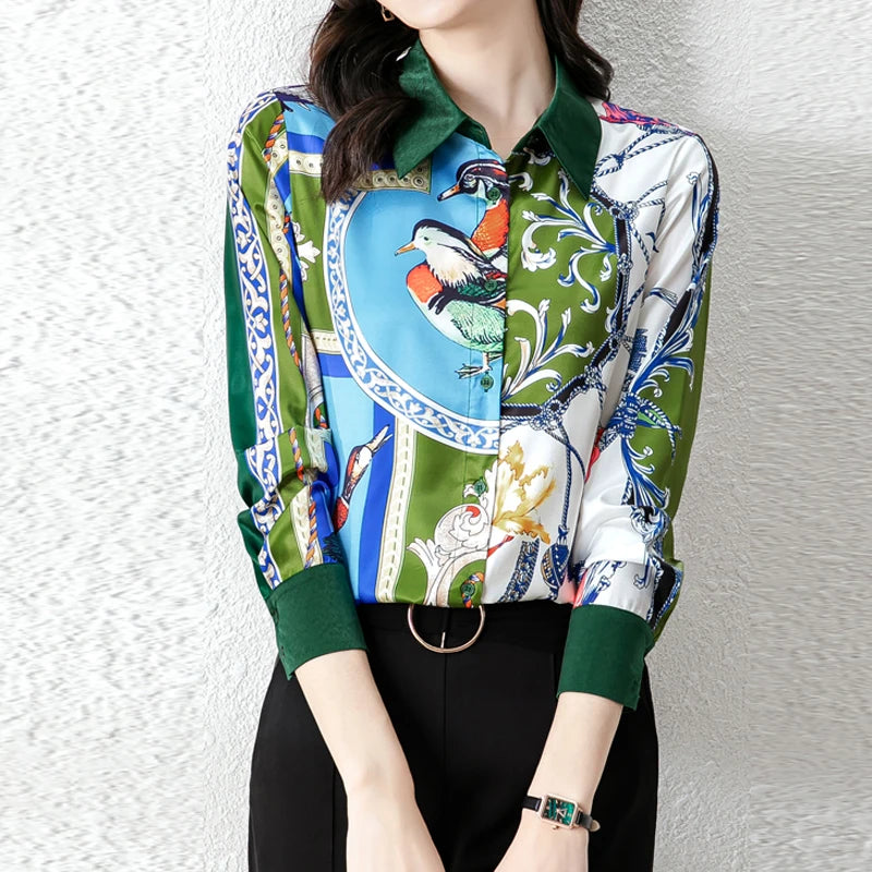 Women's satin blouse, colorful print, stylish and elegant for casual wear