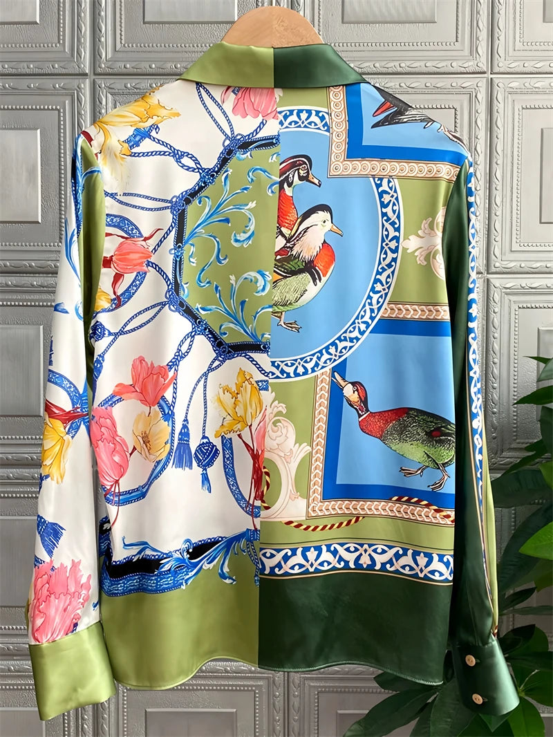 Women's satin blouse in colorful print, stylish and chic for occasions