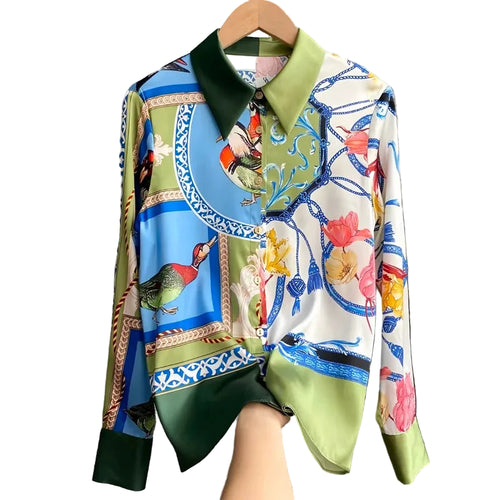 Women's satin blouse with colorful floral and bird print for casual wear