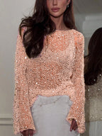 Women's sequin top in peach knit, perfect for summer nights