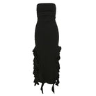 Black strapless dress with ruffle detailing, perfect for summer events
