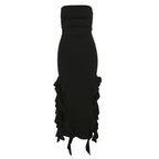 Black strapless dress with ruffle detailing, perfect for summer events