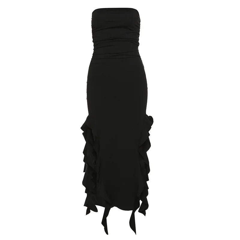 Black strapless dress with ruffle detailing, perfect for summer events