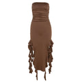 Women's brown strapless dress, ruched design for stylish occasions