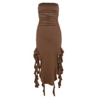 Women's brown strapless dress, ruched design for stylish occasions