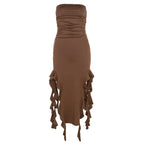 Women's brown strapless dress, ruched design for stylish occasions