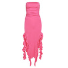 Women's pink strapless dress, ruched design, perfect for summer events