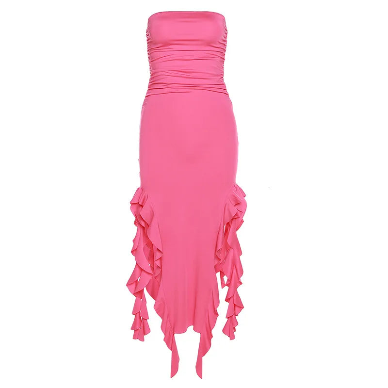 Women's pink strapless dress, ruched design, perfect for summer events