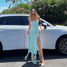 Women's sky blue strapless dress with ruffle detail, perfect for summer outings