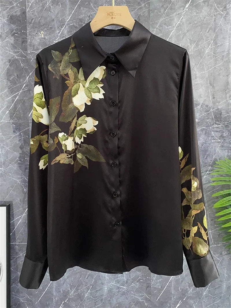Women's black satin shirt with floral print, perfect summer tops for women