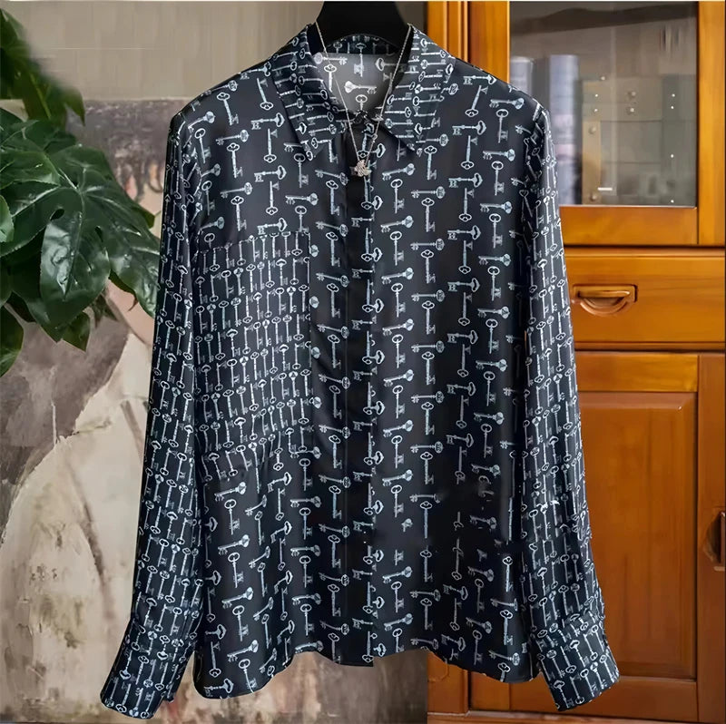 Women's black key-patterned shirt, lightweight, perfect for summer tops for women