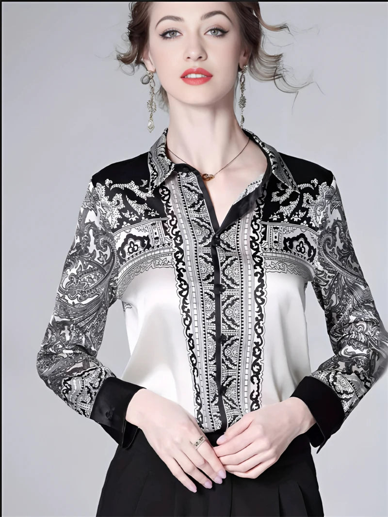 Women's black and white printed shirt, lightweight summer tops for women