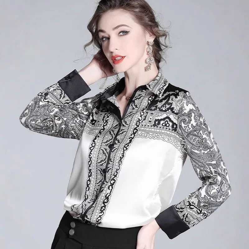 women's patterned silk shirt, elegant style for summer tops for women