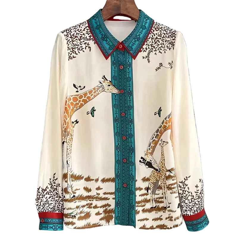Women's giraffe print blouse, lightweight fabric, perfect for summer tops for women