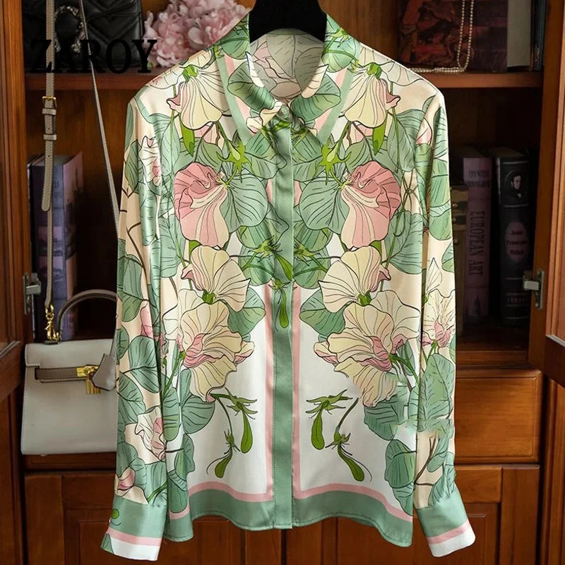 Women’s floral silk blouse, pastel green, perfect for summer tops for women