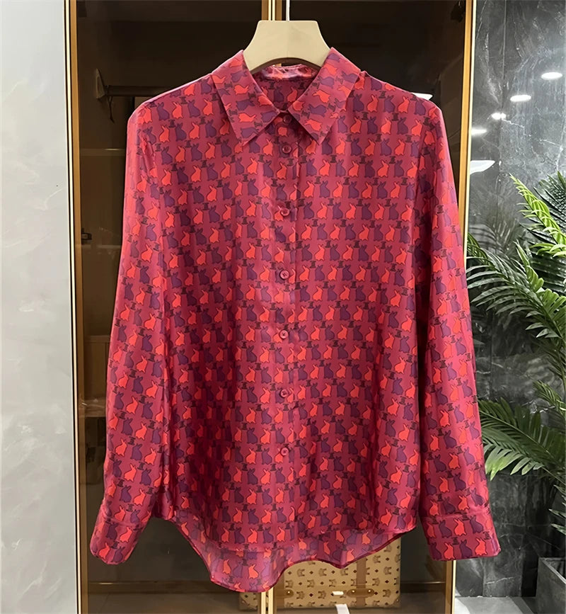 Women's red patterned blouse, lightweight fabric, perfect for summer tops for women
