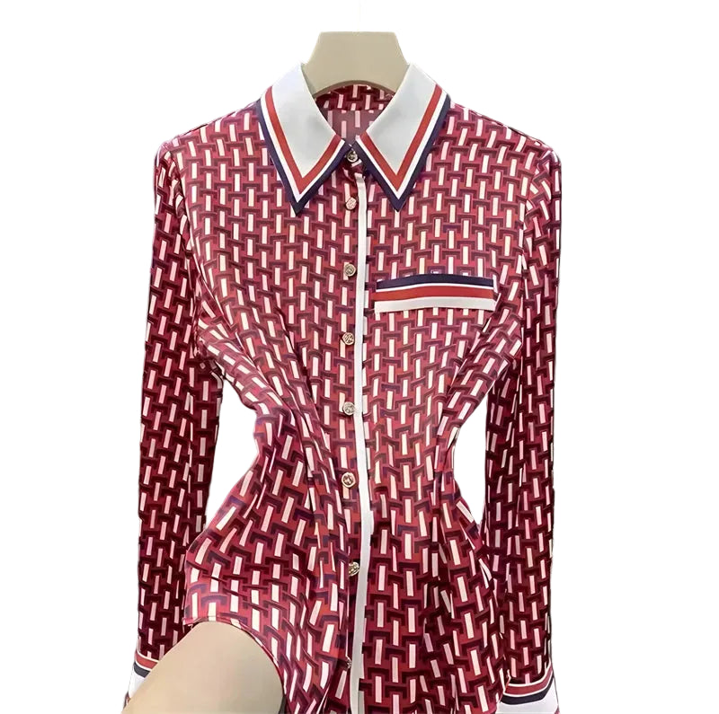 Women's red patterned shirt, lightweight fabric, perfect summer tops for women
