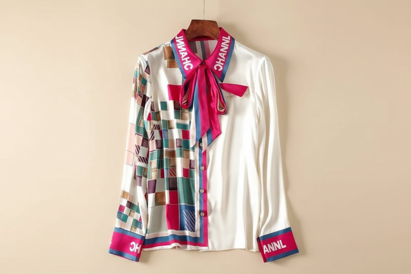 Women's colorful silk shirt with bow tie for stylish summer tops for women