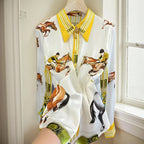 Women's silky summer tops for women with colorful horse print and zip design