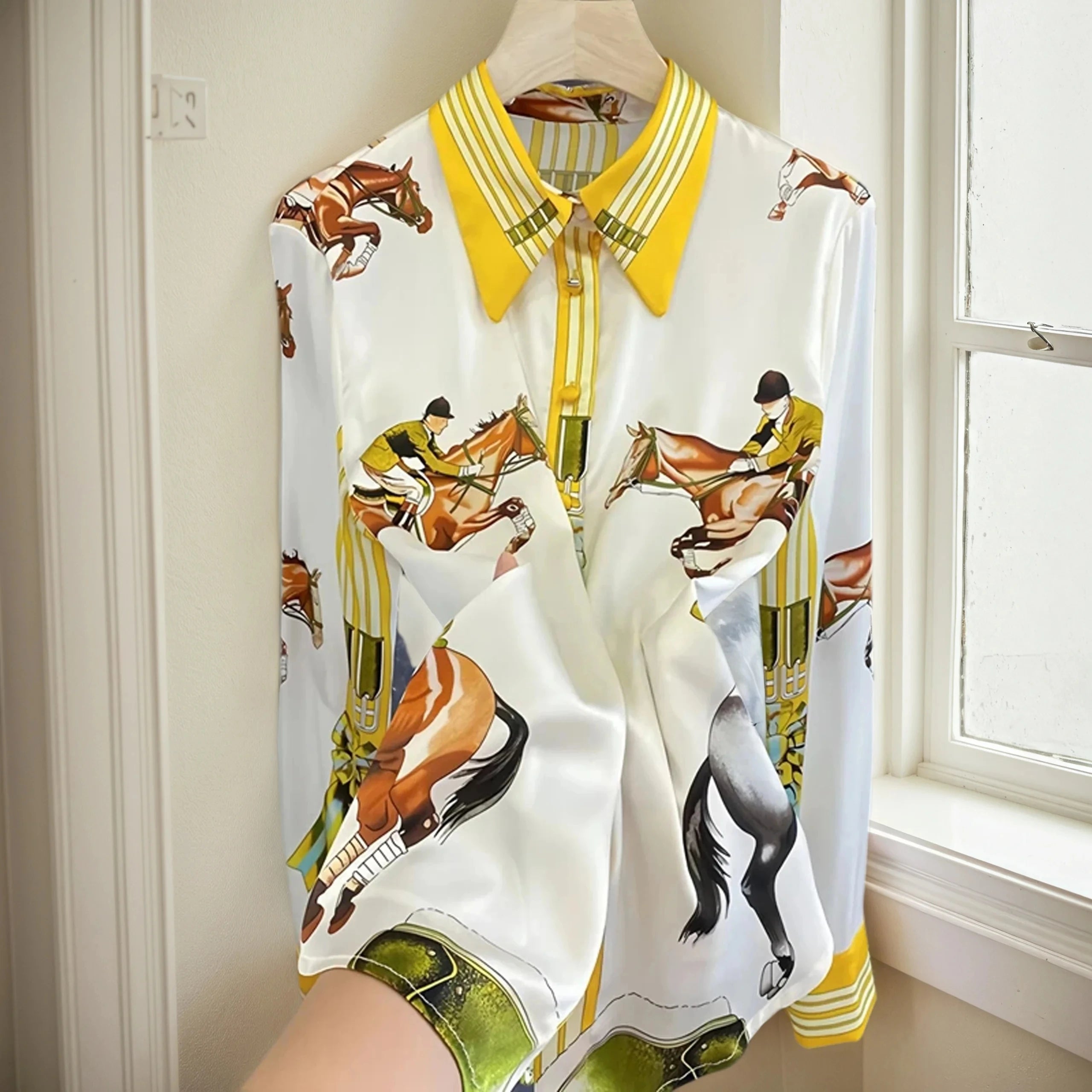 Women's silky summer tops for women with colorful horse print and zip design