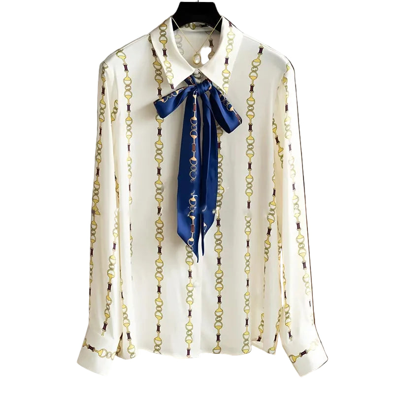 Women's white blouse with navy tie, perfect for summer tops for women