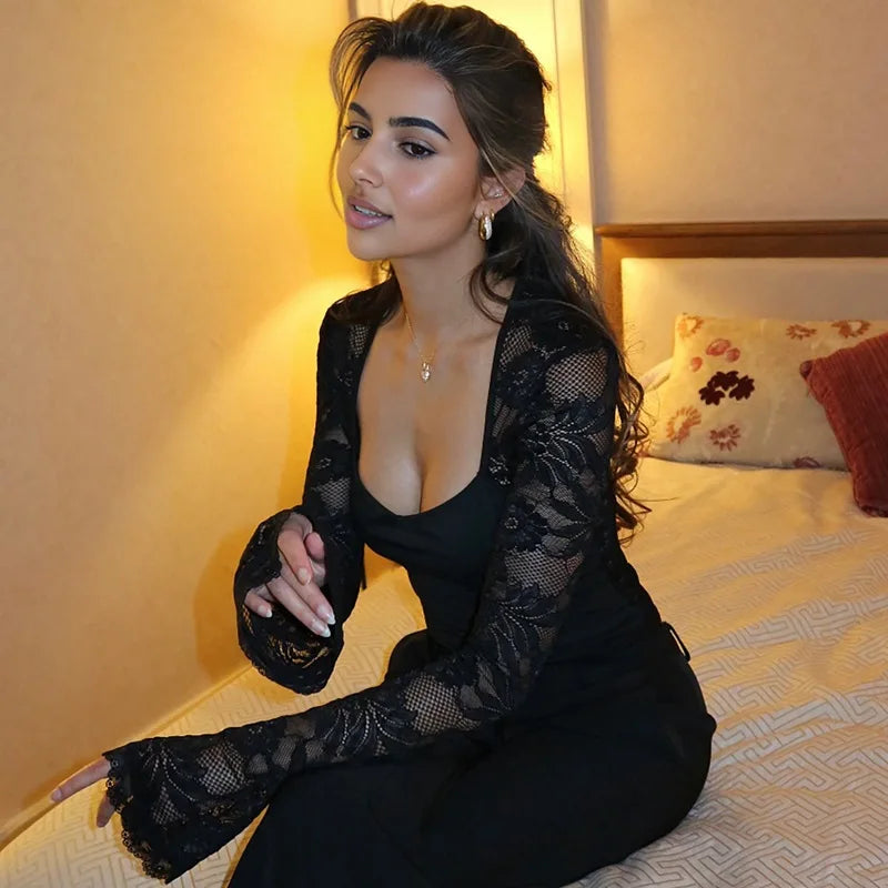 Women's black top with mesh sleeves, perfect for evening outings