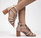 Women's taupe suede sandals with heels, vacation worthy style