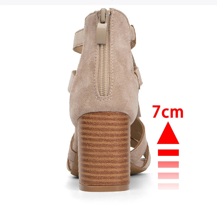 Women's beige suede sandals with 7cm heel, vacation worthy style