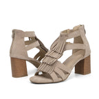 Women's taupe fringe sandals, vacation worthy with stylish heels