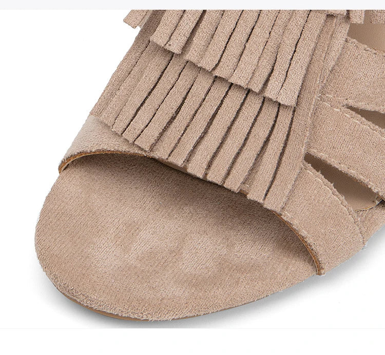 Women's beige sandals with fringe, vacation worthy for stylish summer wear