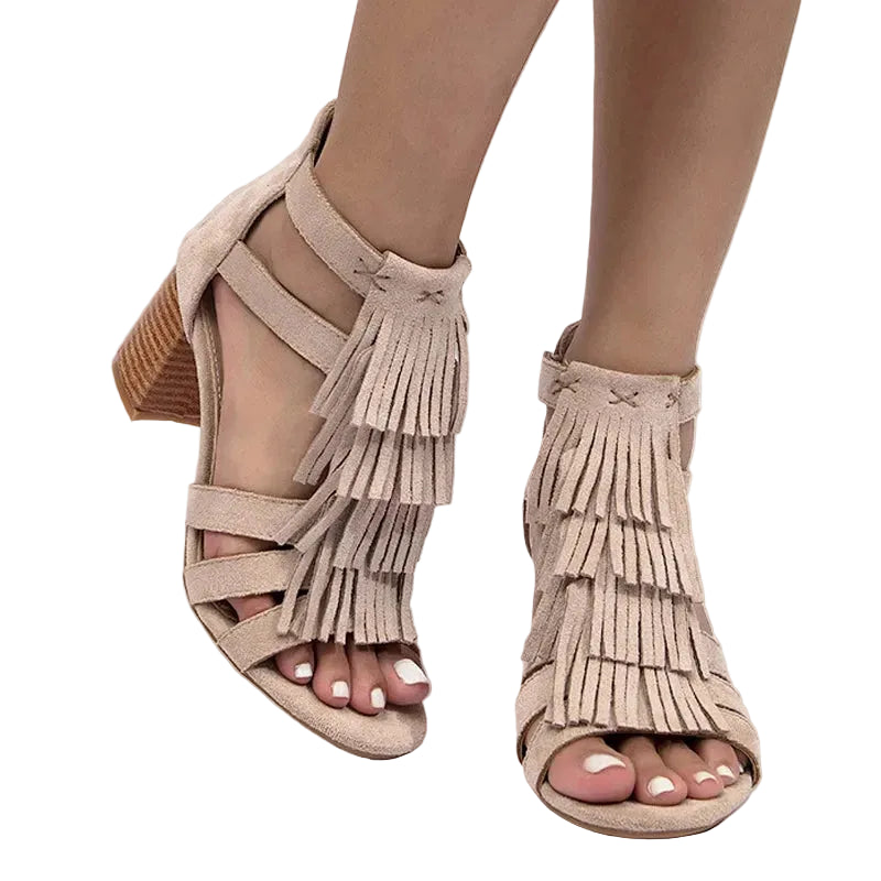 women's beige fringe sandals, vacation worthy with comfortable heel