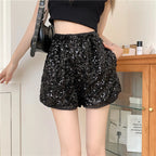 Black sequin women's clubwear shorts, vacation worthy style for summer outings