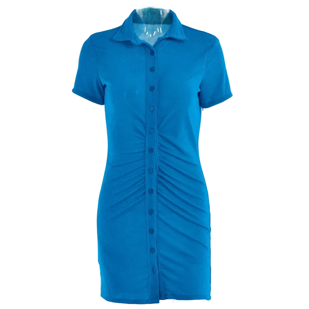 Women's blue button-up dress, vacation worthy for stylish summer outings