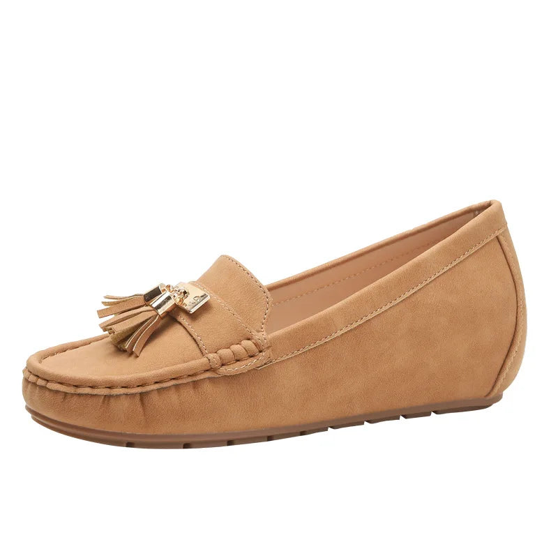 Women's tan suede loafers by VacationGrabs, vacation worthy for casual outings