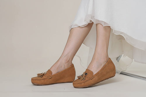 Women's tan loafers, suede material, vacation worthy footwear