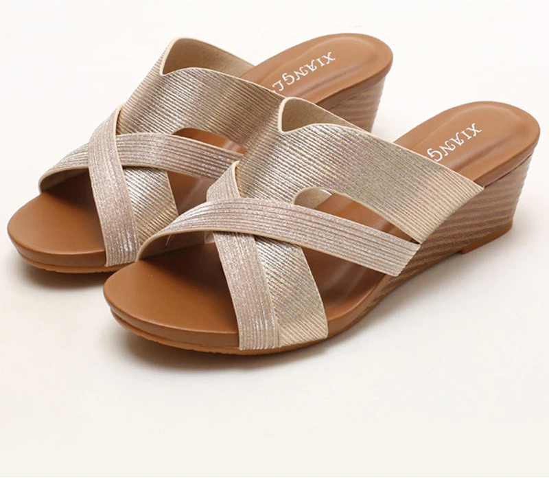 Women's gold wedge sandals with cross-strap for casual outings