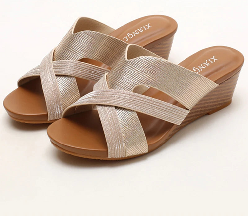 Women's gold wedge sandals with cross-strap for casual outings