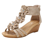 Women's beige wedge sandals with floral design for casual outings