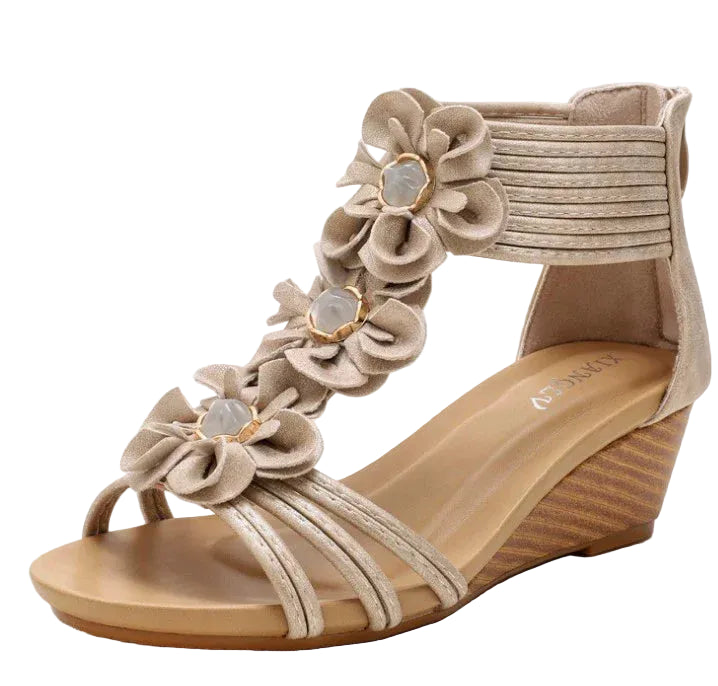 Women's beige wedge sandals with floral design for casual outings