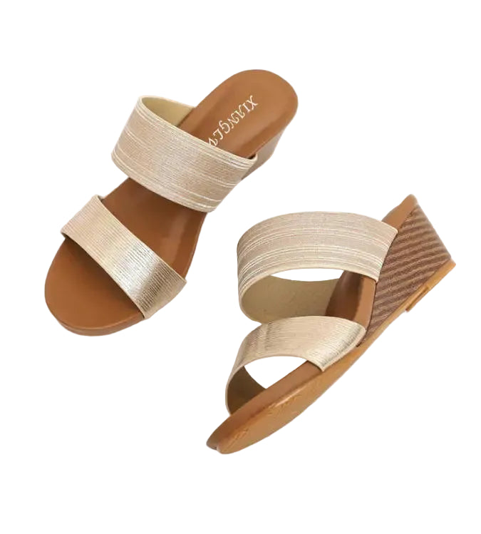 Women's wedge sandals in gold with comfortable straps for summer wear