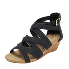 Women's black wedge sandals with stylish crisscross straps, casual wear
