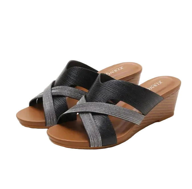 Women's black wedge sandals with cross straps for summer wear