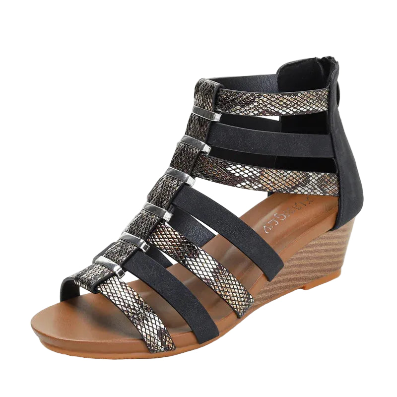 Women's black wedge sandals with snake print design for casual wear