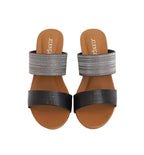 Women's wedge sandals in black and silver, stylish summer footwear