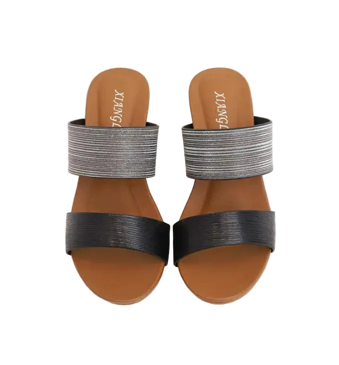 Women's wedge sandals in black and silver, stylish summer footwear