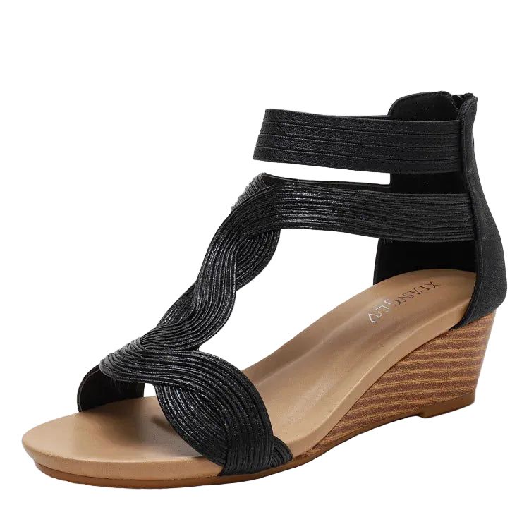 Women's black wedge sandals with stylish woven straps for casual outings