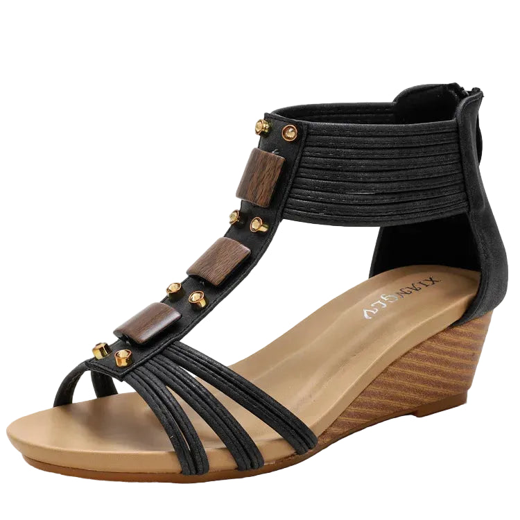 Women's black wedge sandals with decorative wooden accents for summer outings
