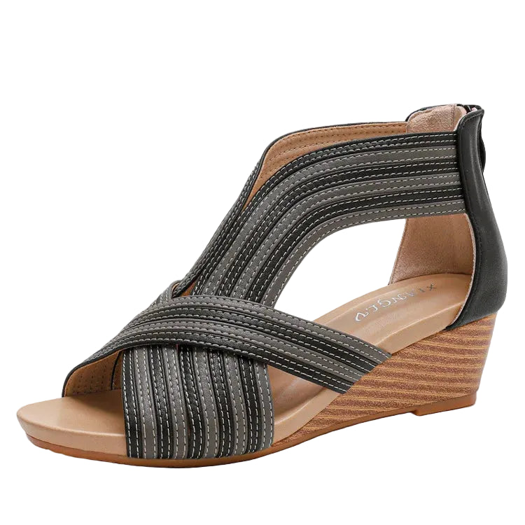 Women's wedge sandals in black with stylish cross-strap design