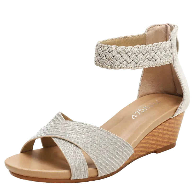 Women's wedge sandals, beige with braided straps, perfect for summer outings