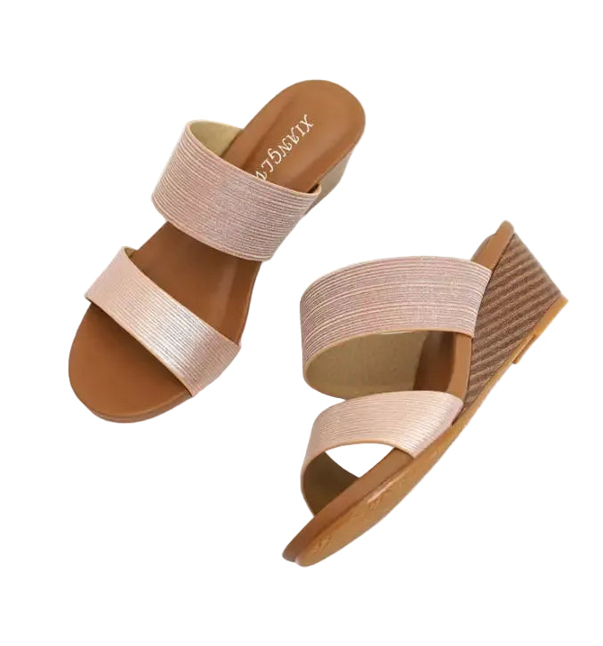 women's wedge sandals in rose gold, perfect for summer outings